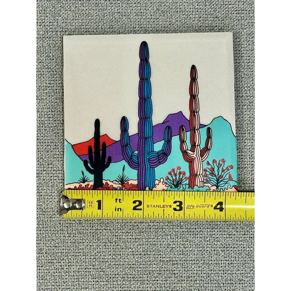 Set of 4 Colorful Desert Cactus Ceramic Tile Coaster Southwestern Boho Cork Back